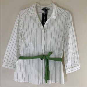 Antilia Femme Stretch Green Stripe Belted Button Up Shirt. XL. NWT.